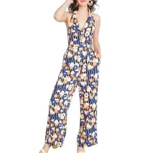 ModCloth Retro Floral Sleeveless Jumpsuit – Collared Wide-Leg – Size Medium